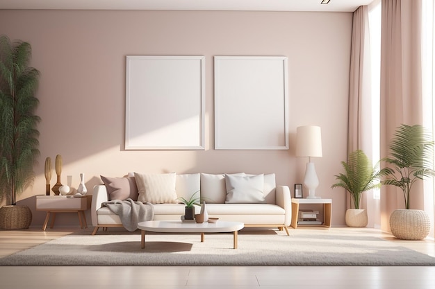 3D-weergave van een modern kamerinterieur met een blanco frame