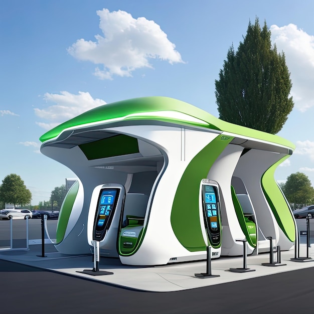 Foto 3d-weergave van een modern oplaadstation voor elektrische auto's in de stad