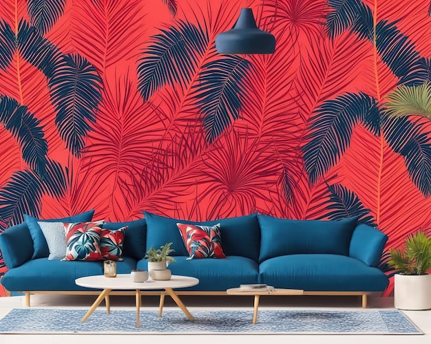 3D-weergave van een modern woonkamerinterieur met tropische palmbladeren