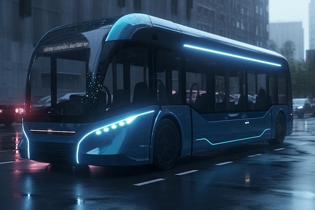 3D-weergave van een moderne elektrische bus in de stad 's nachts