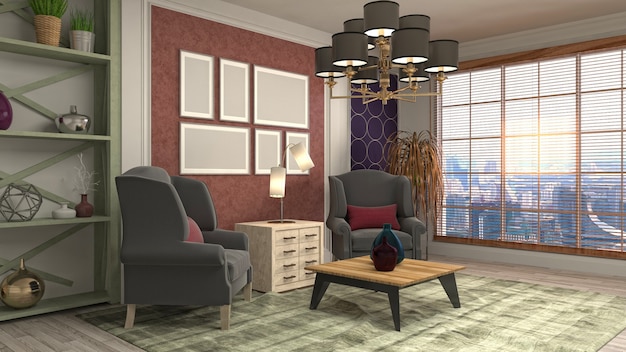 3D-weergave van een moderne en gezellige woonkamer