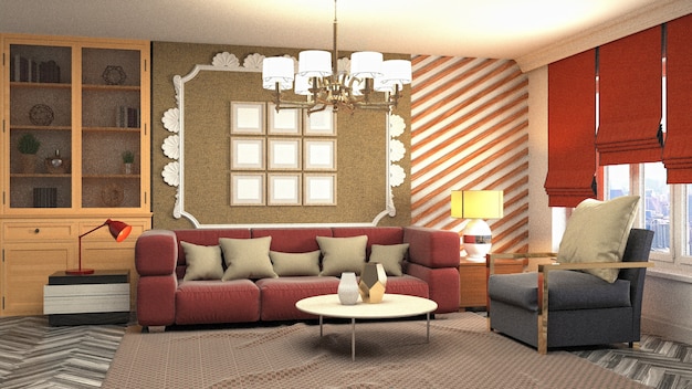 3D-weergave van een moderne en gezellige woonkamer