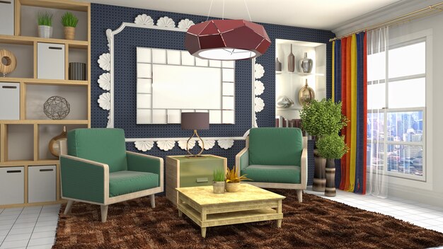3D-weergave van een moderne en gezellige woonkamer