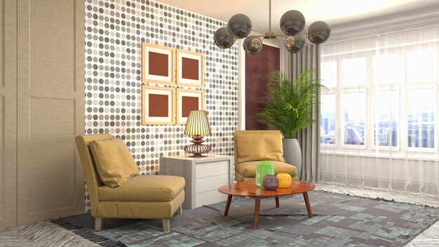 3D-weergave van een moderne en gezellige woonkamer
