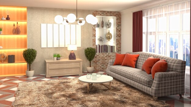 3D-weergave van een moderne en gezellige woonkamer