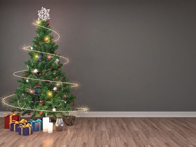 3D-weergave van een moderne kamer met een kerstboom