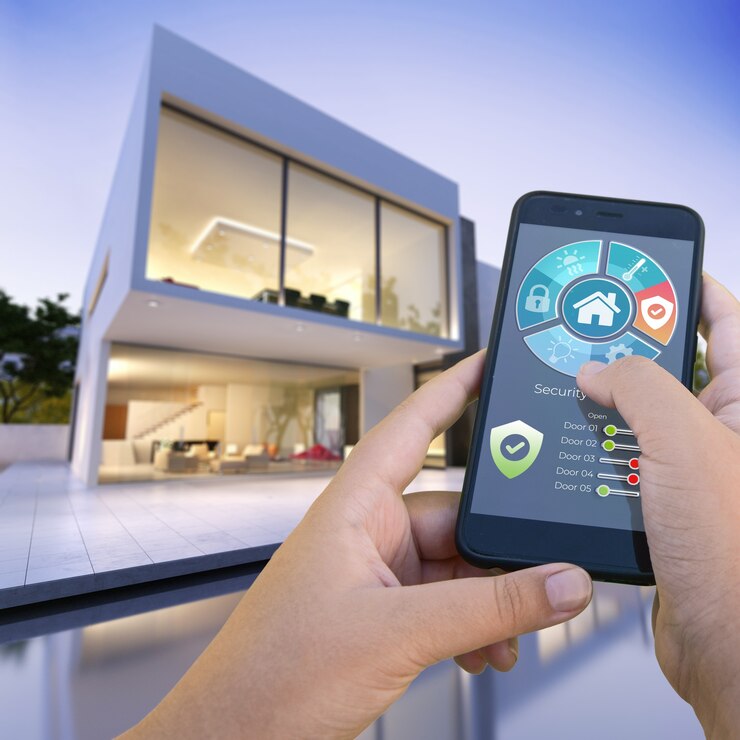 3D-weergave van een moderne villa met zwembad bestuurd door een smartphone van buitenaf