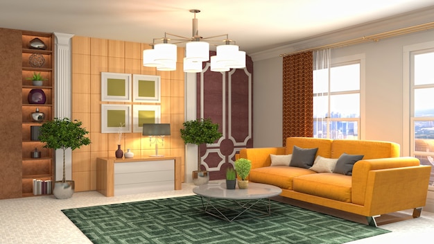 3D-weergave van een moderne woonkamer