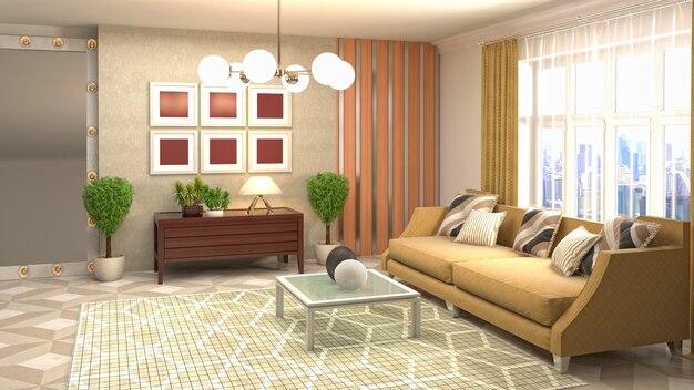 3D-weergave van een moderne woonkamer
