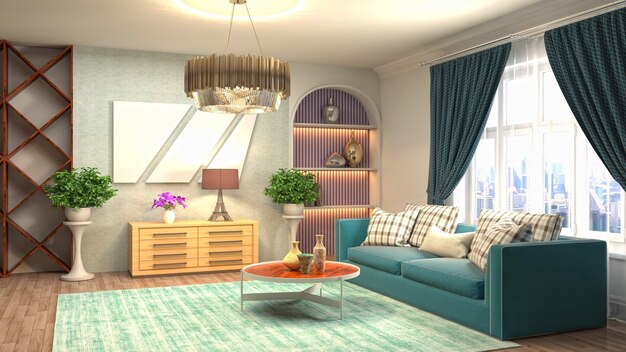 3D-weergave van een moderne woonkamer