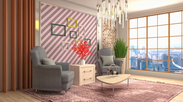 3D-weergave van een moderne woonkamer