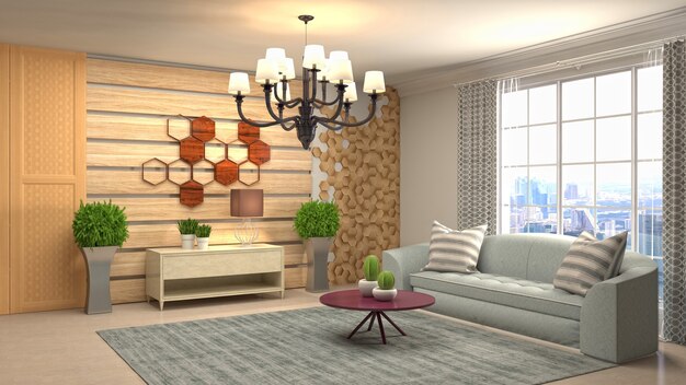 3D-weergave van een moderne woonkamer