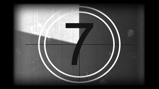 3D-weergave van een monochrome universele countdown-filmleider Countdown-klok van 10 tot 0