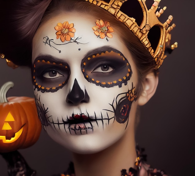 3D-weergave van een mooie vrouw met een dag van de dode make-up voor halloween