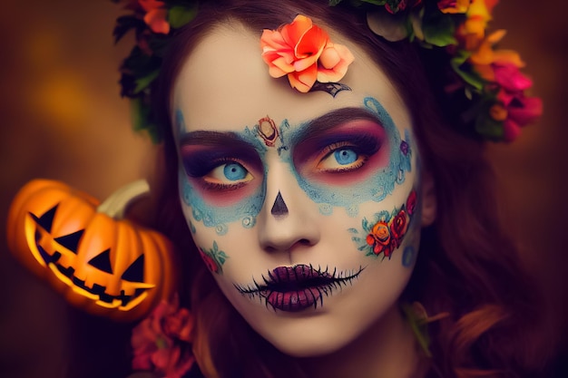 3D-weergave van een mooie vrouw met een dag van de dode make-up voor halloween