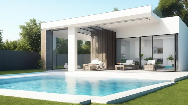 3D-weergave van een originele moderne villa met zwembad