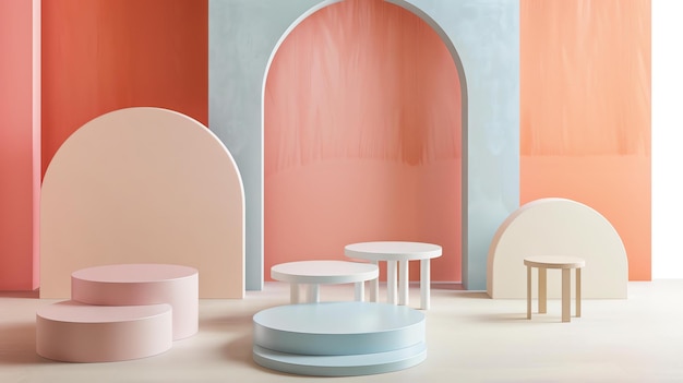 3D-weergave van een pastelkleurige kamer met podiums en een kruk
