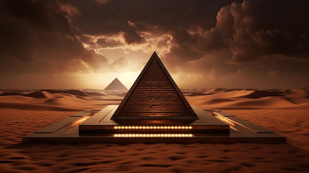 3D-weergave van een podium voor een Egyptische piramide in het woestijnzand