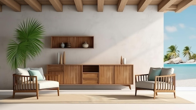 Foto 3d-weergave van een potplant op ingebouwde houten plank en bank in de woonkamer
