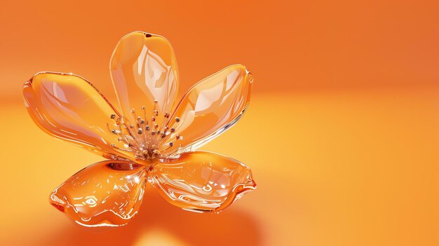 3D-weergave van een prachtige bloem gemaakt van doorzichtig glas met een gradiënt oranje kleur geïsoleerd op oranje achtergrond