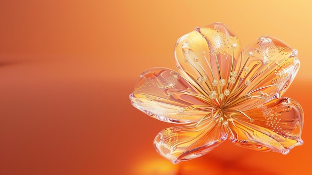 3D-weergave van een prachtige glazen bloem met waterdruppels op de bloemblaadjes De bloem is geïsoleerd op een vaste oranje achtergrond