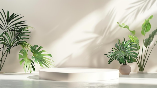 3D-weergave van een productdisplayplatform met een wit podium en tropische planten