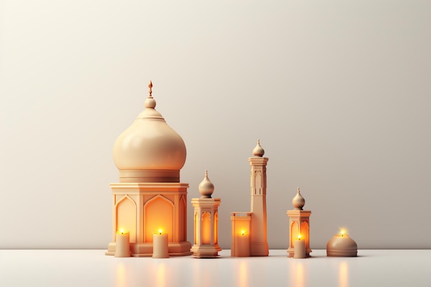 3D-weergave van een Ramadan Kareem-groetekaart met gouden lantaarns op witte achtergrond