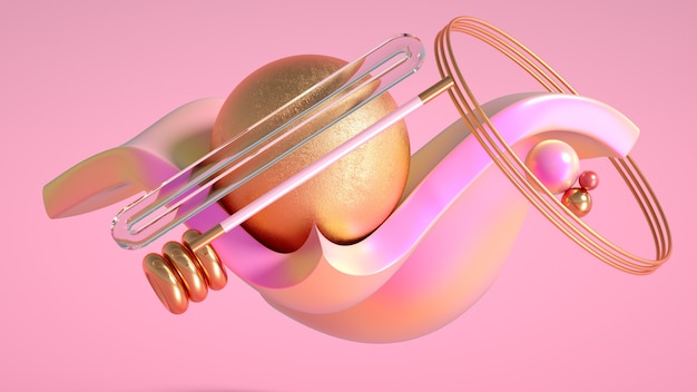 3D-weergave van een realistische compositie. Vliegende bollen, tori, buizen, kegels en kristallen in beweging.Mooie abstractie achtergrond minimalisme. 3D-afbeelding, 3D-rendering.