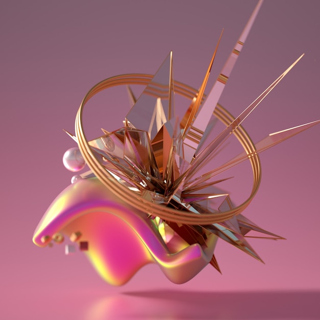 3D-weergave van een realistische compositie. Vliegende bollen, tori, buizen, kegels en kristallen in beweging. Mooie abstractie achtergrond minimalisme. 3D illustratie, 3D-rendering.
