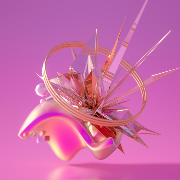 3D-weergave van een realistische compositie. Vliegende bollen, tori, buizen, kegels en kristallen in beweging. Mooie abstractie achtergrond minimalisme. 3D illustratie, 3D-rendering.