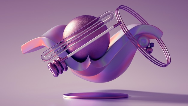 3D-weergave van een realistische compositie. Vliegende bollen, tori, buizen, kegels en kristallen in beweging. Mooie abstractie achtergrond minimalisme. 3D illustratie, 3D-rendering.