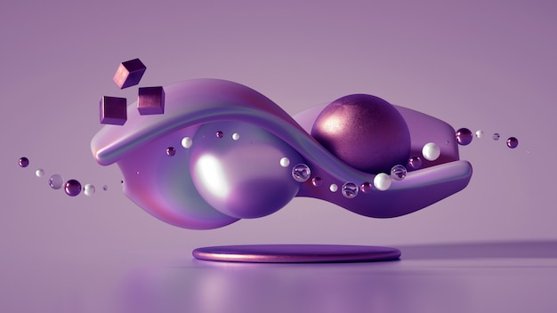 3D-weergave van een realistische compositie. Vliegende bollen, tori, buizen, kegels en kristallen in beweging. Mooie abstractie achtergrond minimalisme. 3D illustratie, 3D-rendering.