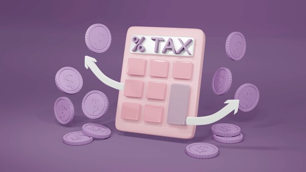 3d-weergave van een rekenmachinemunten en tekstbelastingconcept van belastingheffing in pastel
