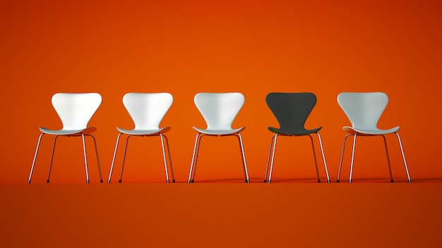 Foto 3d-weergave van een rij van plastic en metalen stoelen in wit met een contrasterende grijze op een oranje achtergrond