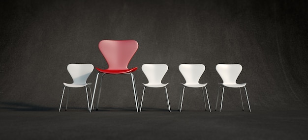 3D-weergave van een rij witte stoelen en een contrasterende rode in een meer geavanceerde positie