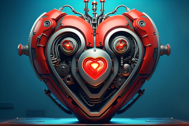 3D-weergave van een robot met een rood hart op een blauwe achtergrond