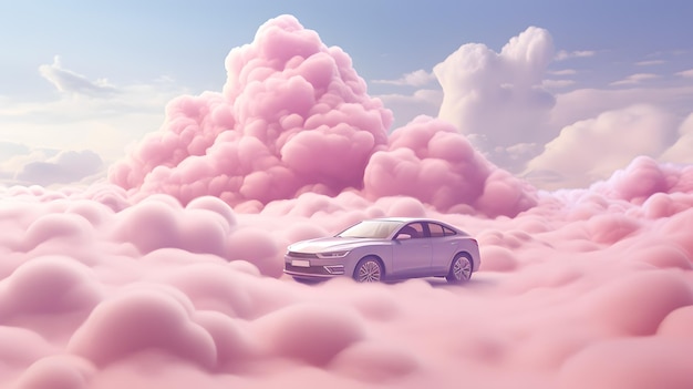 3D-weergave van een roze autorit boven roze wolk in de stijl van de moderne en futuristische wereld