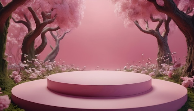 Foto 3d-weergave van een roze podium in een fantasie landschap met een prachtige achtergrond