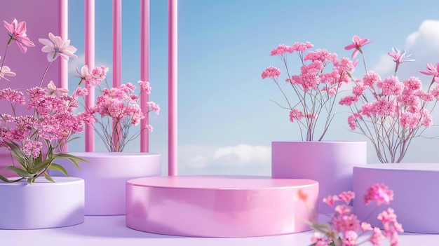 3D-weergave van een roze podium met roze bloemen op een blauwe achtergrond