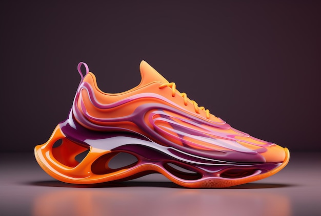 3D-weergave van een schaats in oranje en paarse kleur op een donkere achtergrond