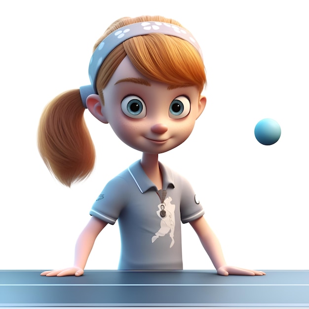 3D-weergave van een schattig cartoonmeisje dat pingpong speelt