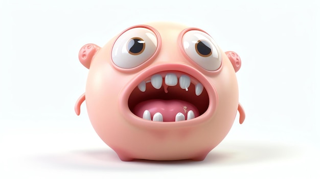 3D-weergave van een schattig en grappig roze cartoon monster met grote ogen en een tande glimlach