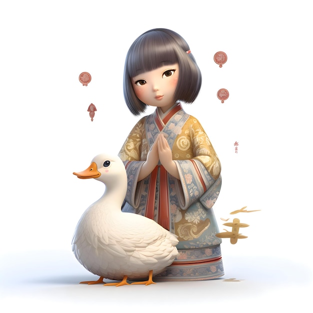 3D-weergave van een schattig Japans meisje in een kimono met een eend