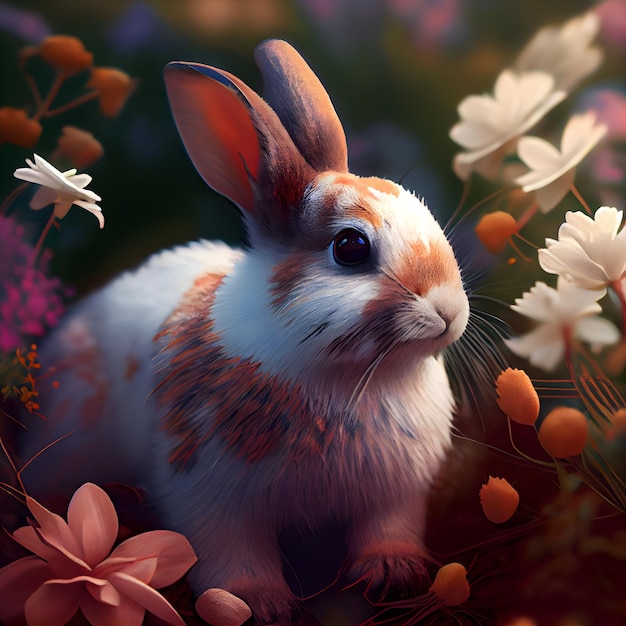 3D-weergave van een schattig konijn zittend in een veld met bloemen