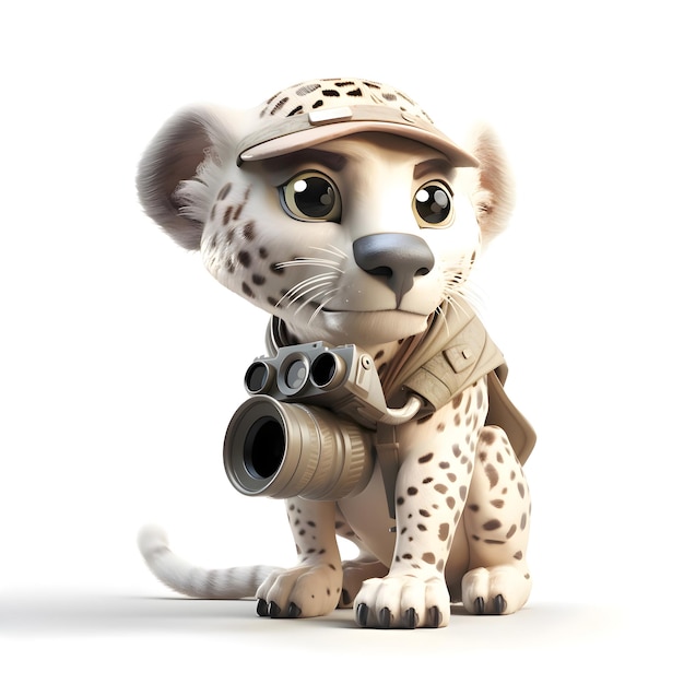 Foto 3d-weergave van een schattige cartoon cheetah met een camera