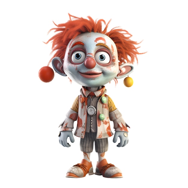 3D-weergave van een schattige cartoon clown met oranje haar geïsoleerd op witte achtergrond