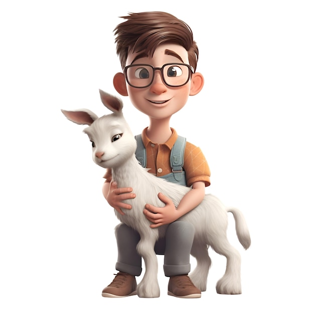 3D-weergave van een schattige cartoonjongen met een witte geit geïsoleerd op een witte achtergrond
