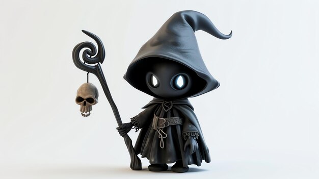 3D-weergave van een schattige donkere tovenaar de tovenaar draagt een zwarte mantel en een puntige hoed hij heeft een schedel op zijn staf