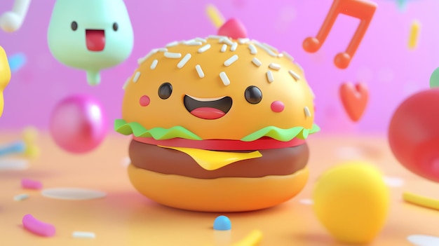 Foto 3d-weergave van een schattige en gelukkige hamburger de hamburger heeft een sesamzaad broodje sla, tomaten en kaas