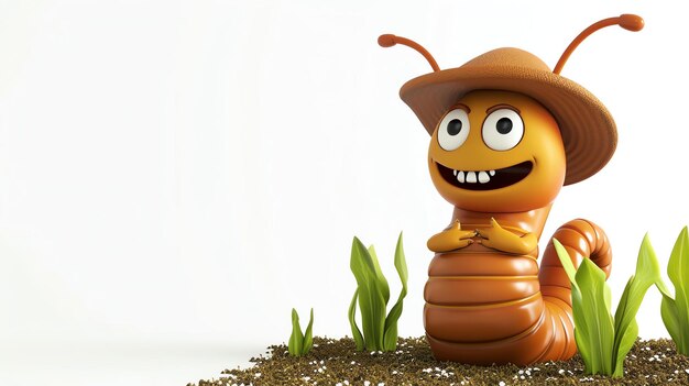 Foto 3d-weergave van een schattige en gelukkige worm met een bruine hoed de worm staat op een stuk grond omringd door groen gras